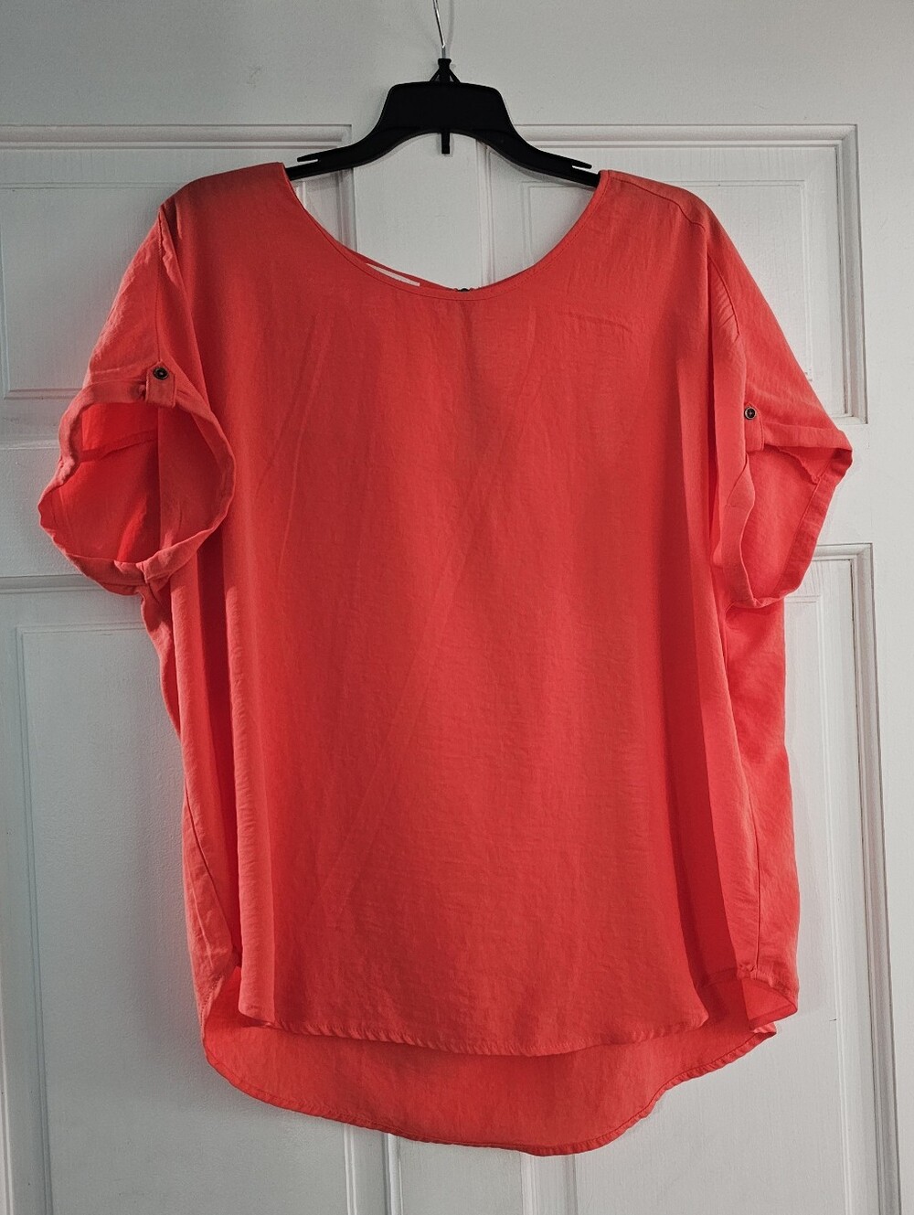 Maurices Bright Coral Short-Sleeve Roll-Tab Blouse